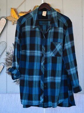 Faded Glory Blue & Black Plaid Flannel Shirt 2X Plus Size 100% Cotton